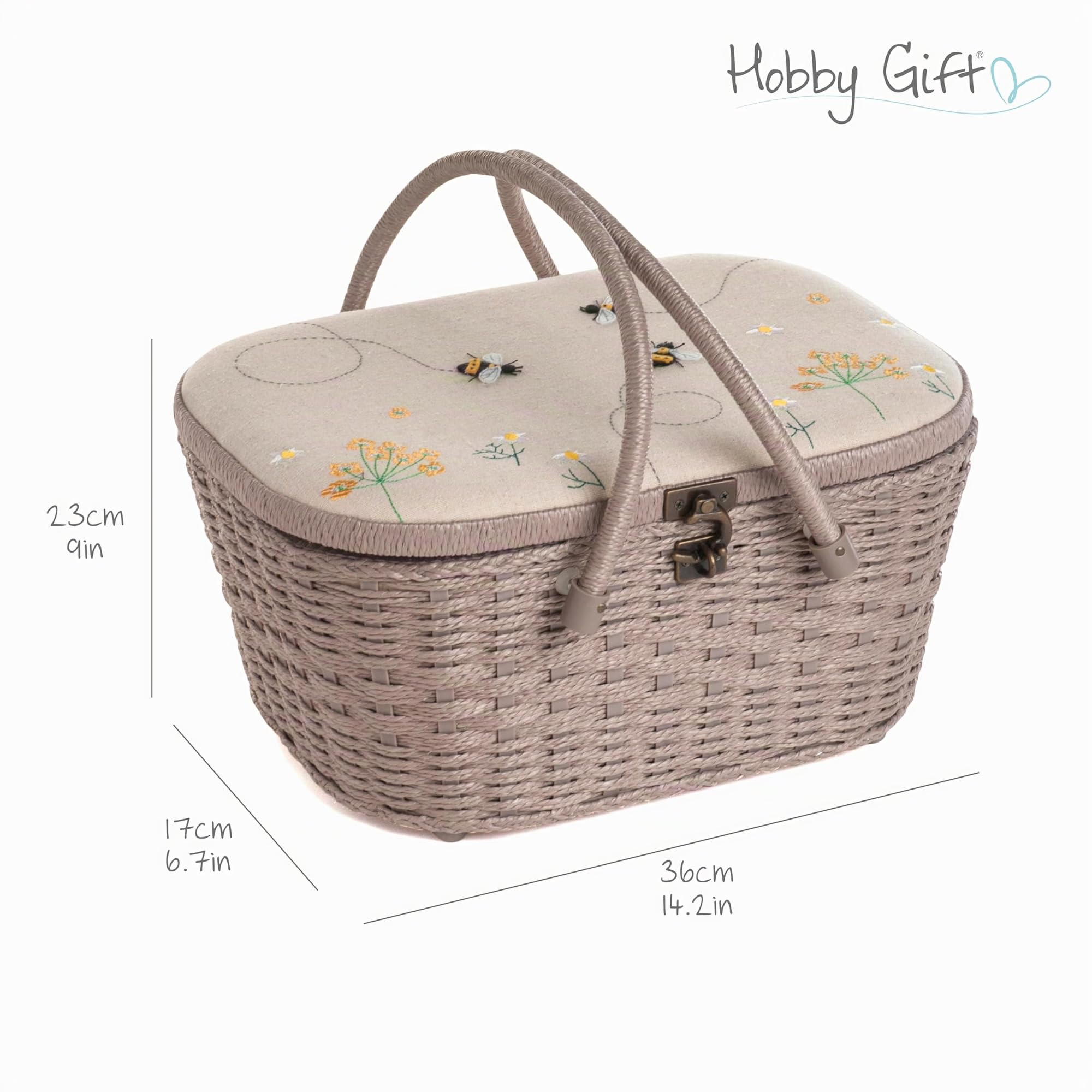 Hobby Gift Caja de costura, cesta de mimbre, aplique, abeja de lino (HGLHB)