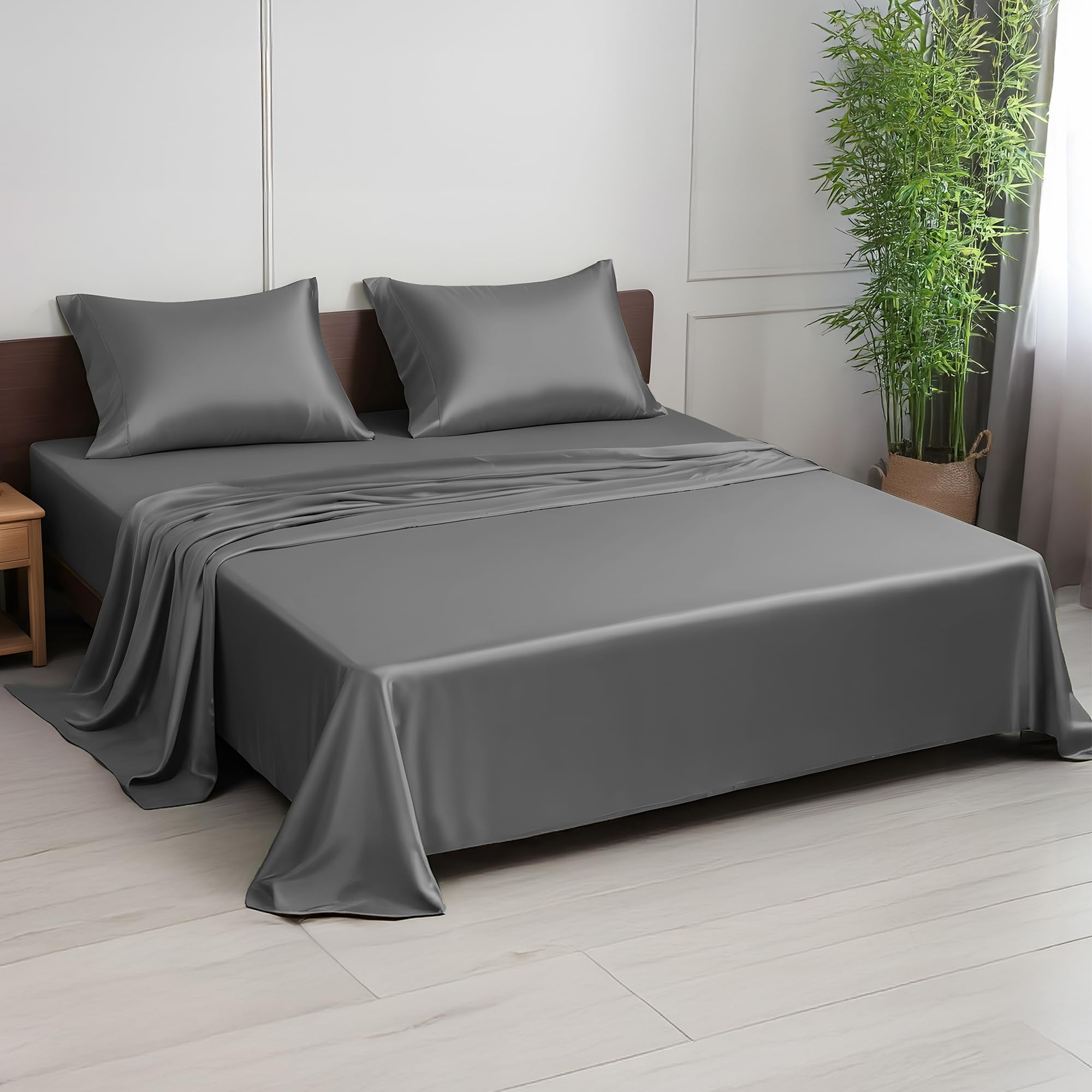 LINENWALAS 100% Bamboo Double Sheet Set, 300 Thread Count Silky Soft Cooling Bed Sheets, 4-Piece Luxury Bedding Set for Skin Care (Double, Charcoal Grey)