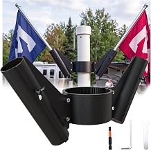 RV Flag Pole Mount Dual Holder for Trailer Jack Fits 2" & 2-1/4" | Heavy-Duty Aluminum Construction, Holds Two Flags, Tool-Free Setup, Secure Pole Retention, Water Drainage Design