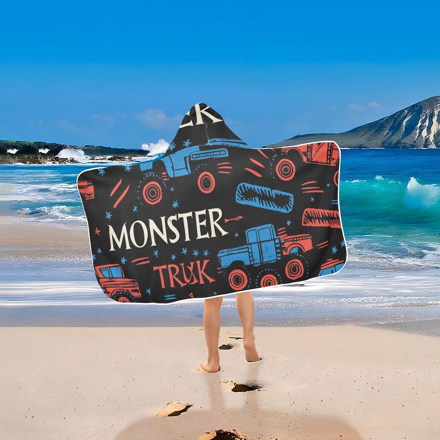 Hooded Towels for Kids Toddler Beach Towel Baby Personalized Bath Poncho Swim Pool Towel Bathrobe Soft Absorbent 23.5"X 50" Monster Trucks Black