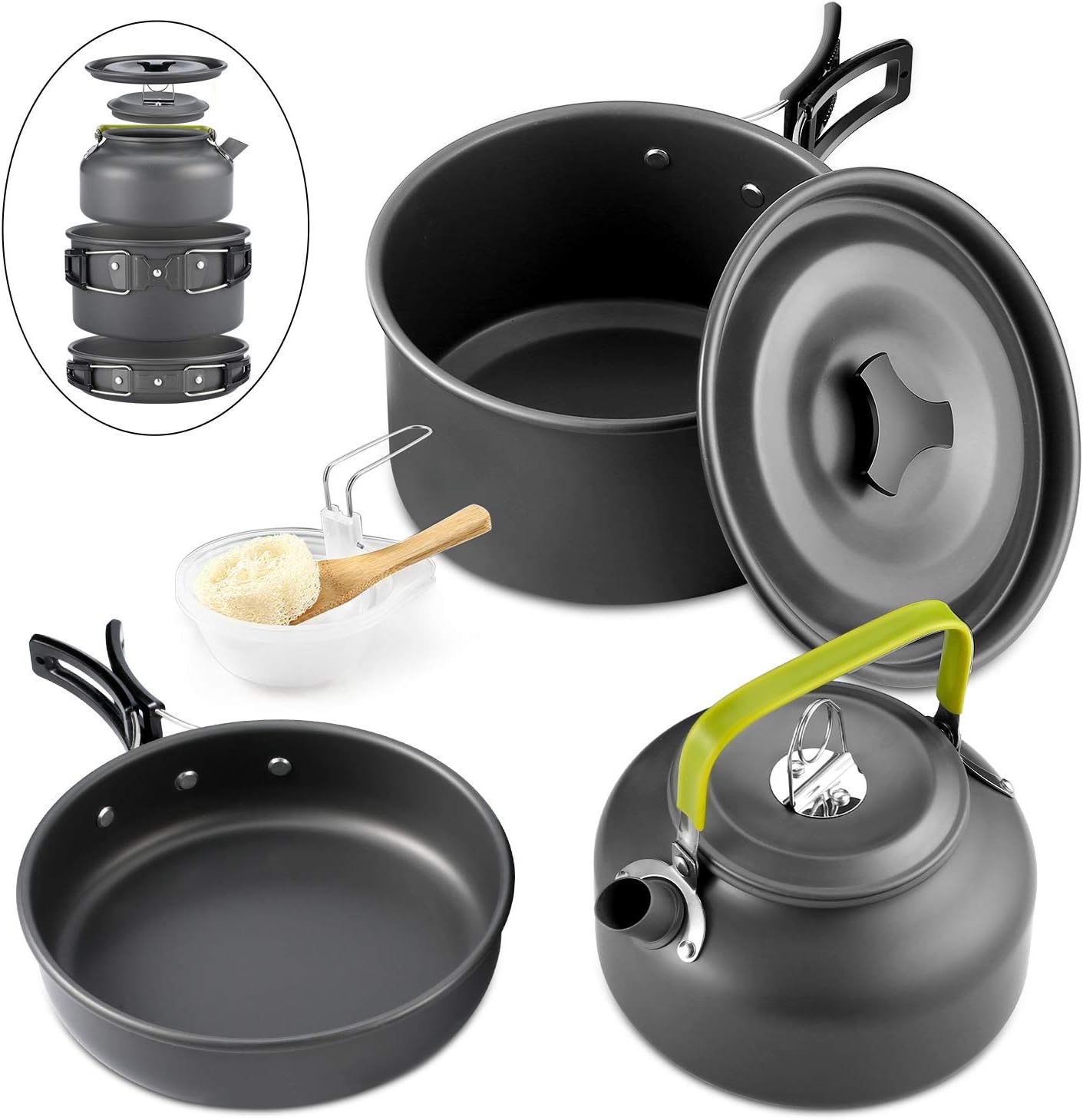 Camping Cookware, Aluminum Nonstick & Lightweight Cookware Set with Kettle Outdoor Camping Pans for , Portable Cook Set or gear for Camping Hiking BBQ Picnic (2-3People)