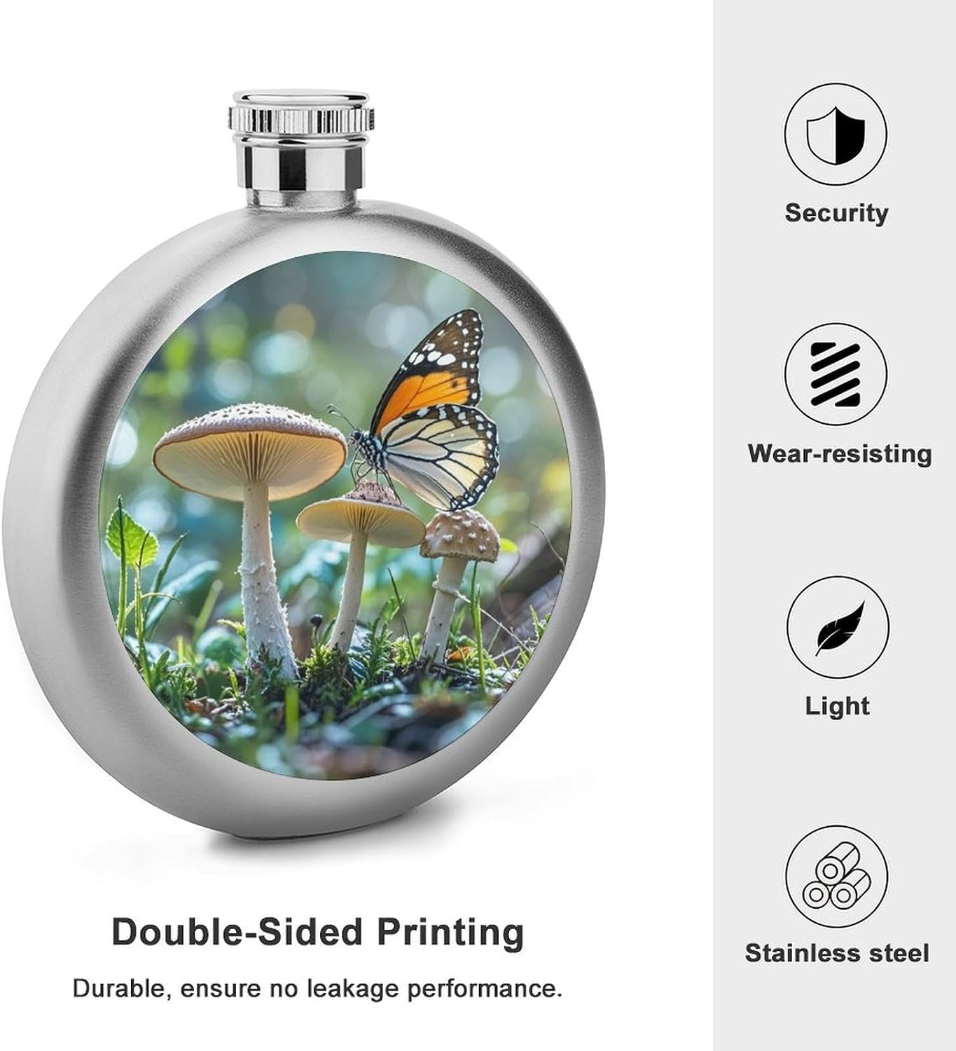 Butterfly Mushroom Stainless Steel Flagon to 5 Oz with Screw Cap,Hip Flask for Men–Whiskey & Liquor Pocket Flask,Alcohol Flagon for Camping Drink Sports Outdoor Wine Bottle