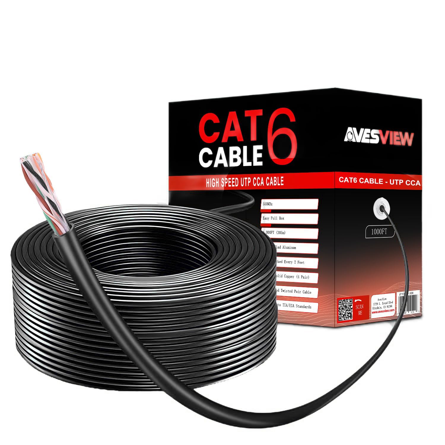 CAT 6 Ethernet Cable 1000ft Indoor Easy Pull Box 10Gbps Premium Quality High-Speed Bulk CAT6 Cable 1000ft Unshielded Copper Clad Aluminum (CCA) 23AWG 550MHz 1000 FT CAT 6 Cable - Black