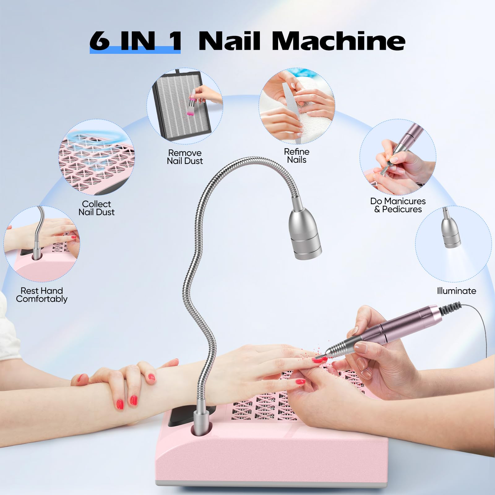 Trsaow Fresa elettrica per unghie 6 in 1, aspiratore professionale per polvere da 30.000 giri/min, potente aspiratore da 80 W, luce LED girevole da 6 W, silenzioso, con 3 lime per salone (Pink)