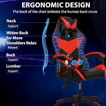 COZYBRITE Gaming Chair Office Desk Computer Chairs Swivel with Massage Headrest Back Support Reclining Ergonomic Design Faux Leather (Black+Red)