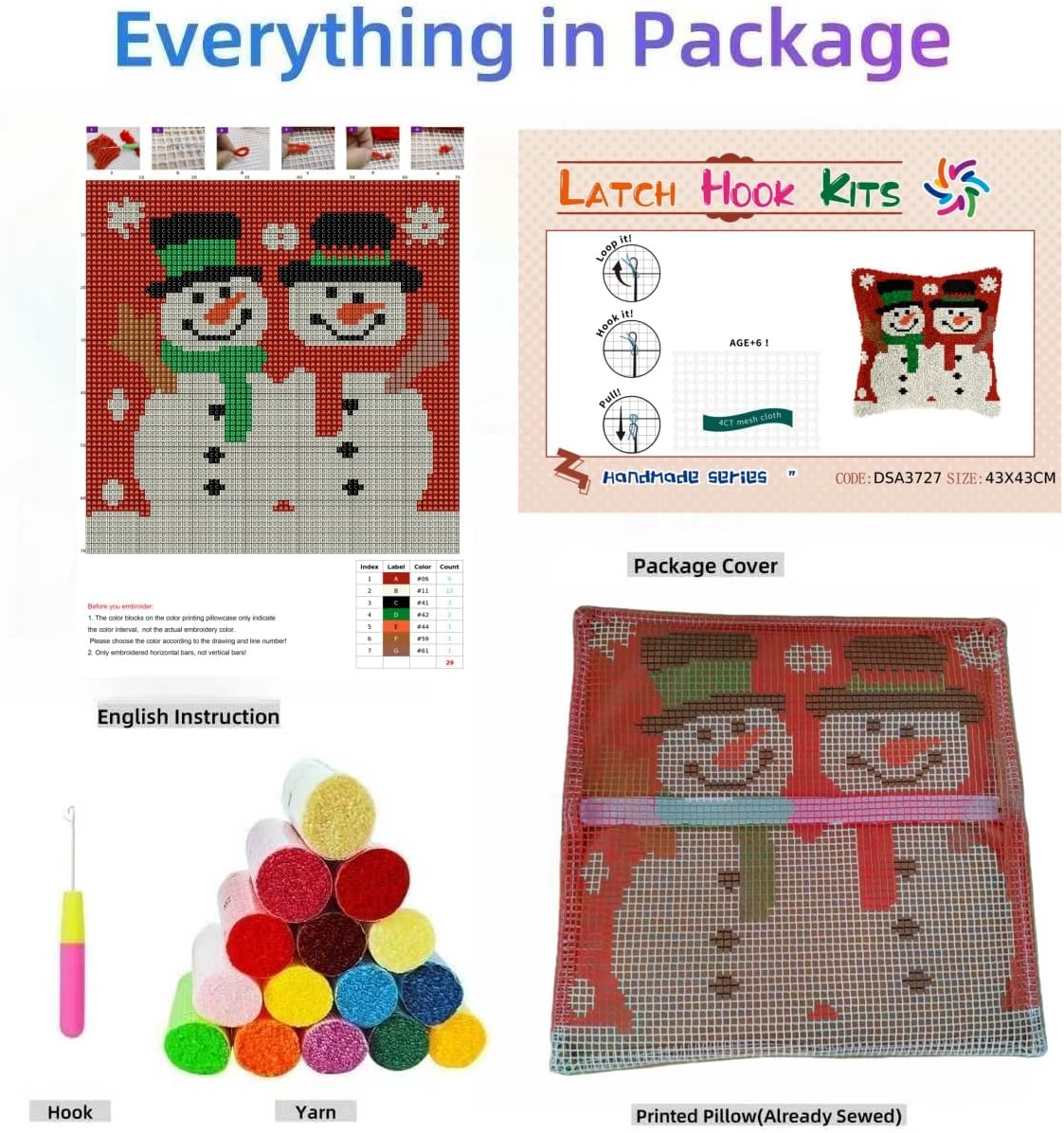 Latch Hook Pillow Kit Two Christmas Snowman with Pre-Printed Pillow Cover DIY Pillowcase Crochet Yarn Hooking Craft Set for Hobby and Home Decor 43x43cm-3