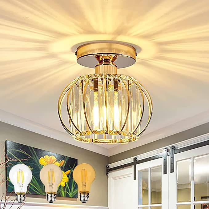 KZT KZT E27 Moderne Kristallen Plafondlamp LED Dimbare Gang Lamp 22CM Metaal Retro Binnenverlichting voor Woonkamer Slaapkamer Trap Keuken Trappenhuis Rrestaurant Balkon Landhuis(Bevat lampen) (Goud)