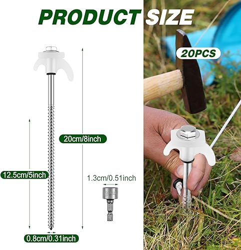 Miniatura 2 de Yaocom Juego de 20 estacas de 8 pulgadas para tienda de campaña de metal roscado, estacas de anclaje de tierra, estilo tornillo, tornillos que