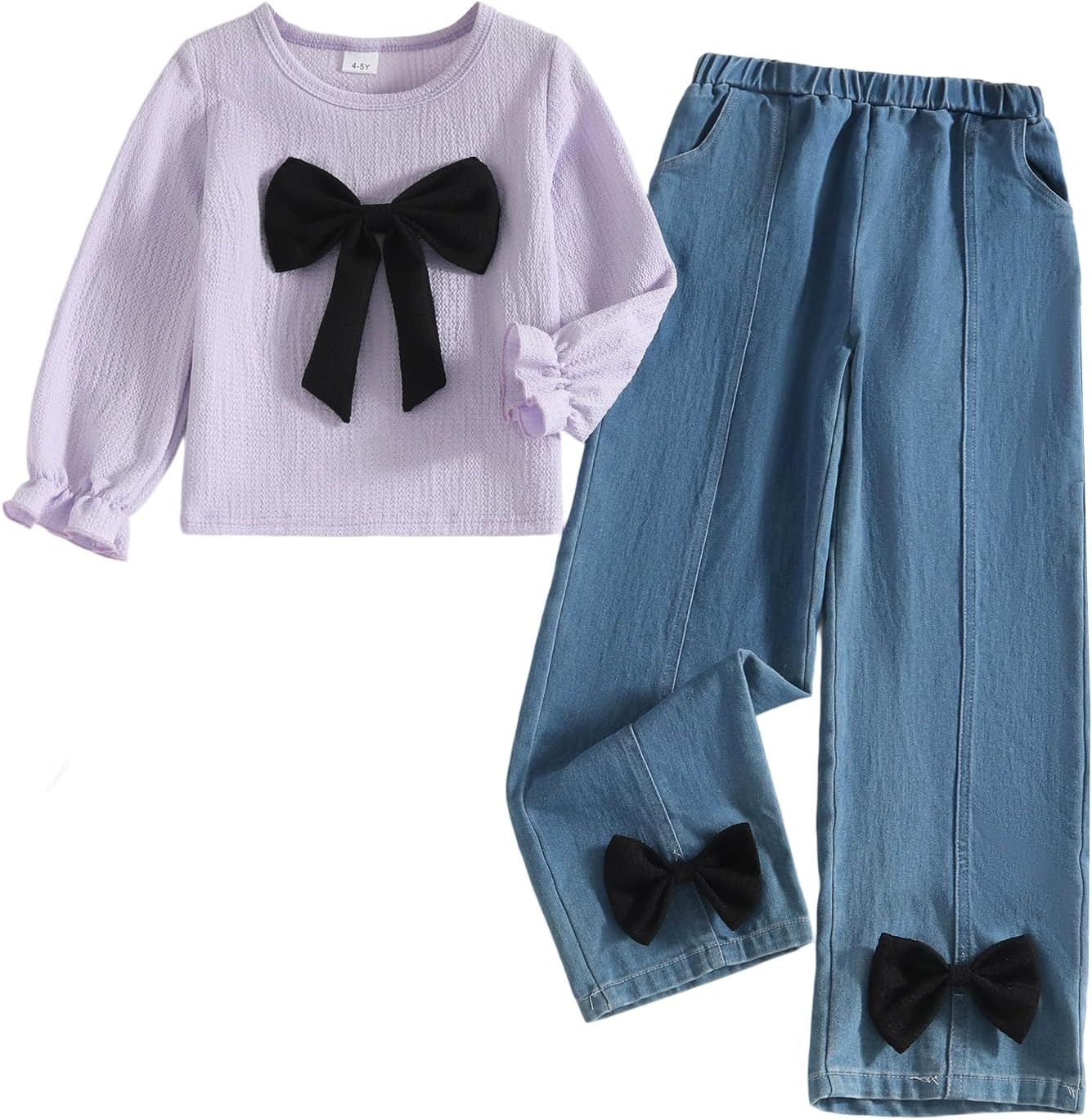 Kid Girl 2pcs Clothes Spring Summer Outfits Cute Sweet Bowknot Long Sleeve Bowknot Top + Denim Pants Set