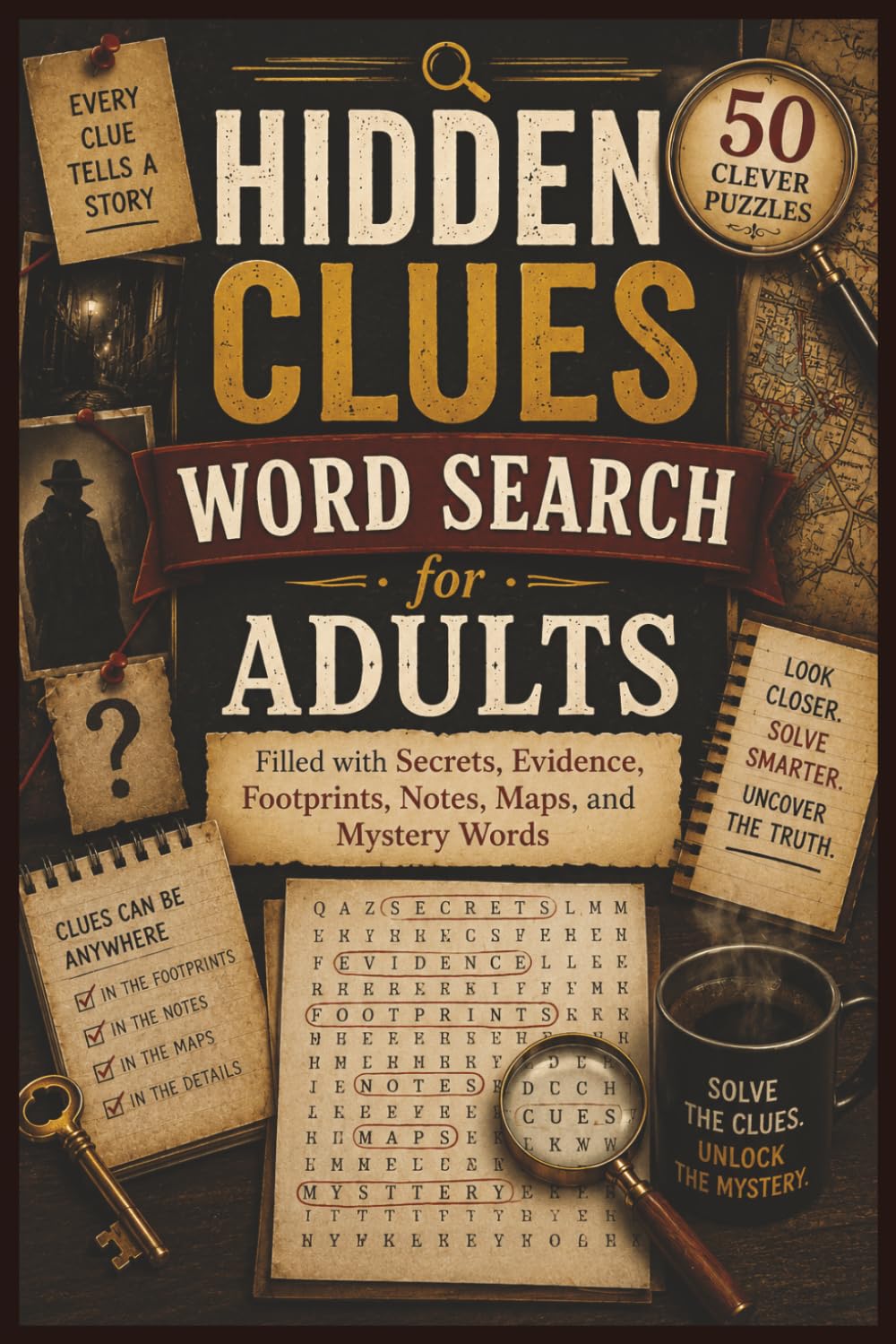 Hidden Clues Word Search for Adults: 50 Clever Puzzles Filled with Secrets, Evidence, Footprints, Notes, Maps, and Mystery Words (Word search books collection)