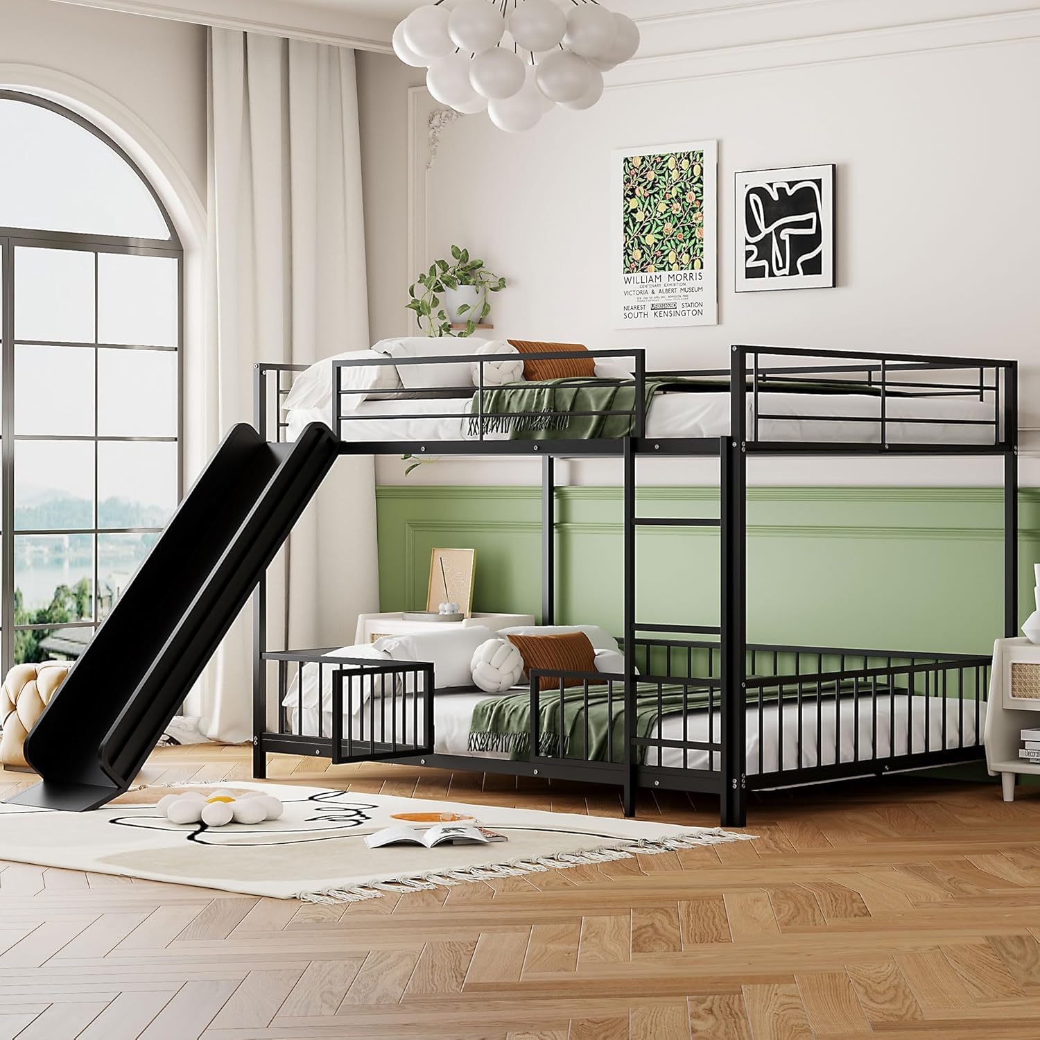 URKV Metal Bunk Bed Frame for Kids | Twin Over Twin Metal Bunk Bed with Slide for Bedroom Living Room Home (Black)