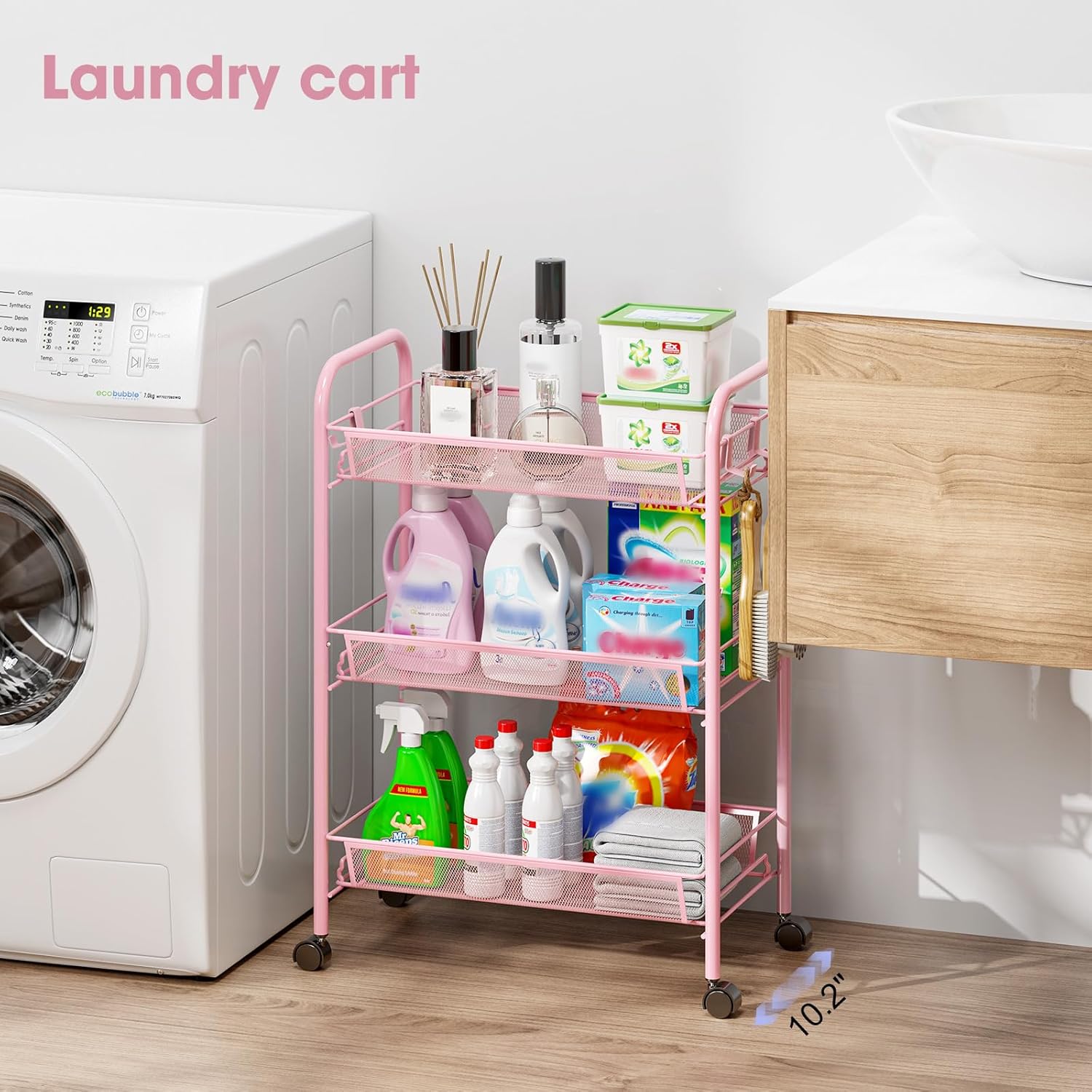 TOOLF 3 Tier Rolling Cart Pink - Metal Storage Organizer with Wheels, 33 lbs Shelf Capacity, Easy 5-Min Assembly, for Girls Room Bathroom Kitchen Office Nursery, Compact Design for Small Spaces, Pink