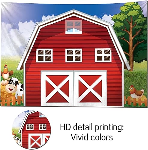 Miniatura 4 de Fondo de fotografía de granja de animales de dibujos animados de 7 x 5 pies, fondo de fotos de granja rústico rojo para baby shower, recién nacidos,