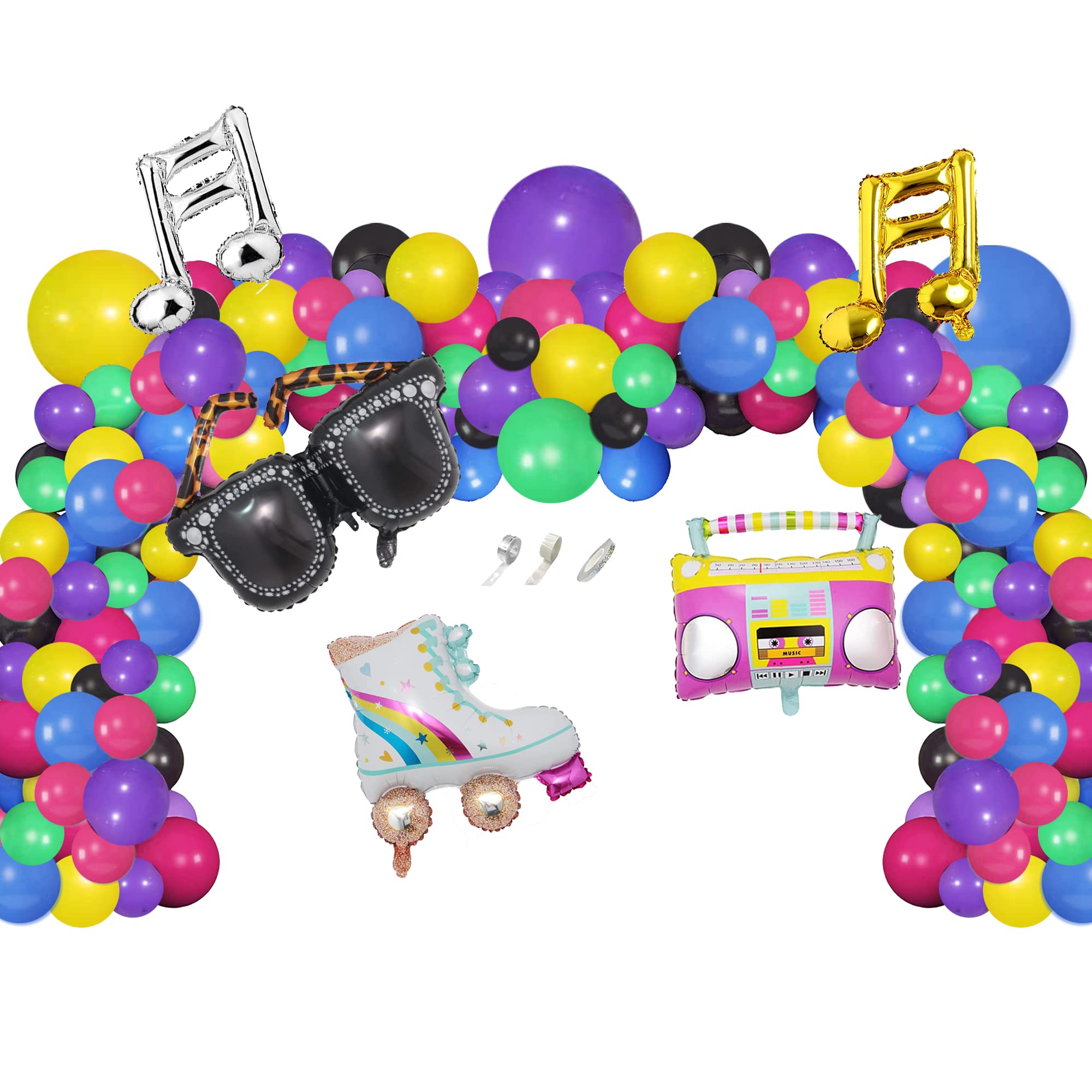 190PCS 12" 10" 5" Black Purple Blue Yellow Green Rose Balloons with Inflatable Radio Microphone Roller Skate Foil Balloons 80s 90s Theme Party Hip Hop Retro Music Party Decoration