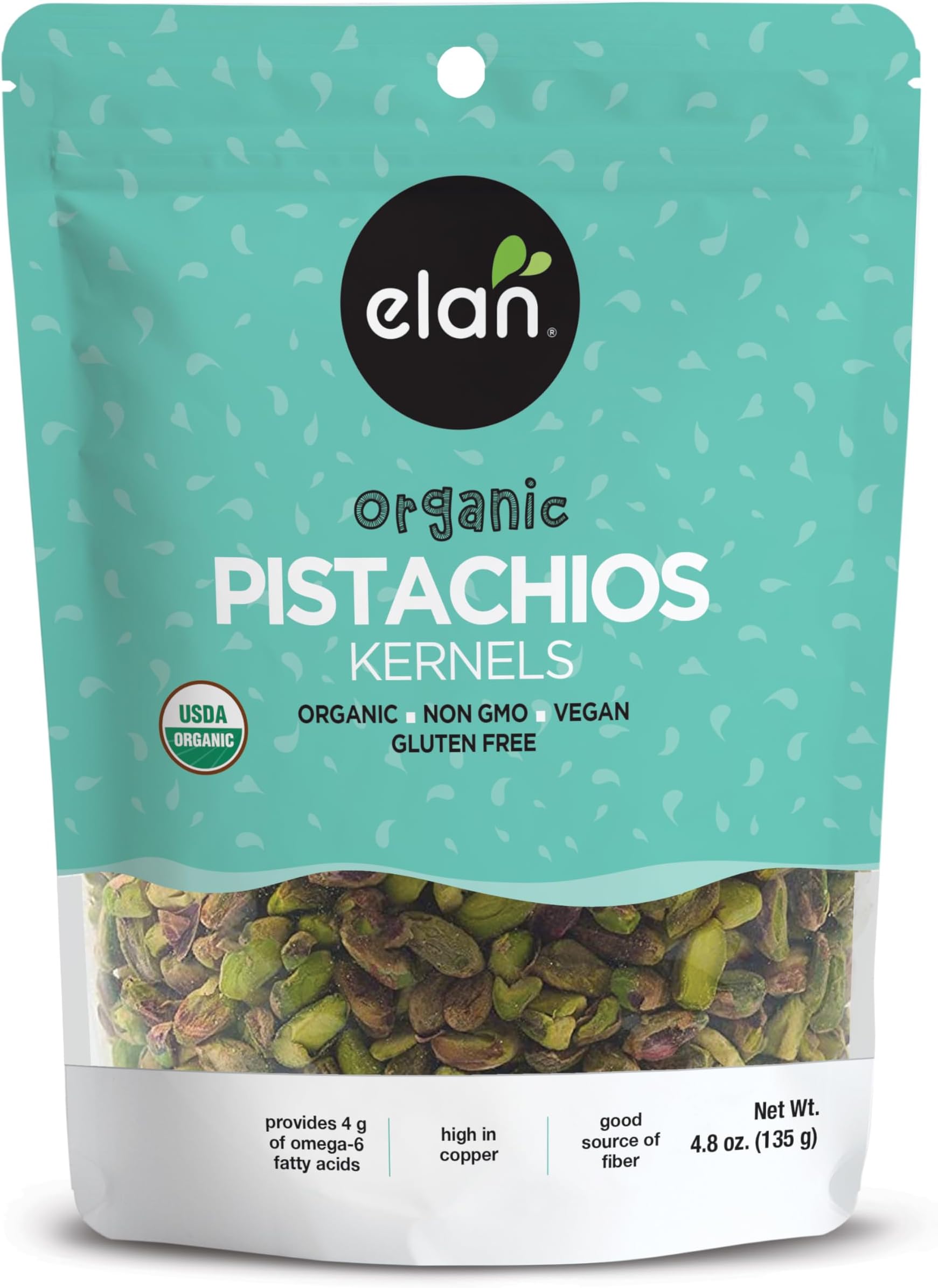 Elan Organic Raw Pistachios, 4.8 oz, Unsalted Kernels, No Shell,Pistachio Nuts, Non-GMO, Vegan, Gluten-Free, Kosher, Healthy Snacks