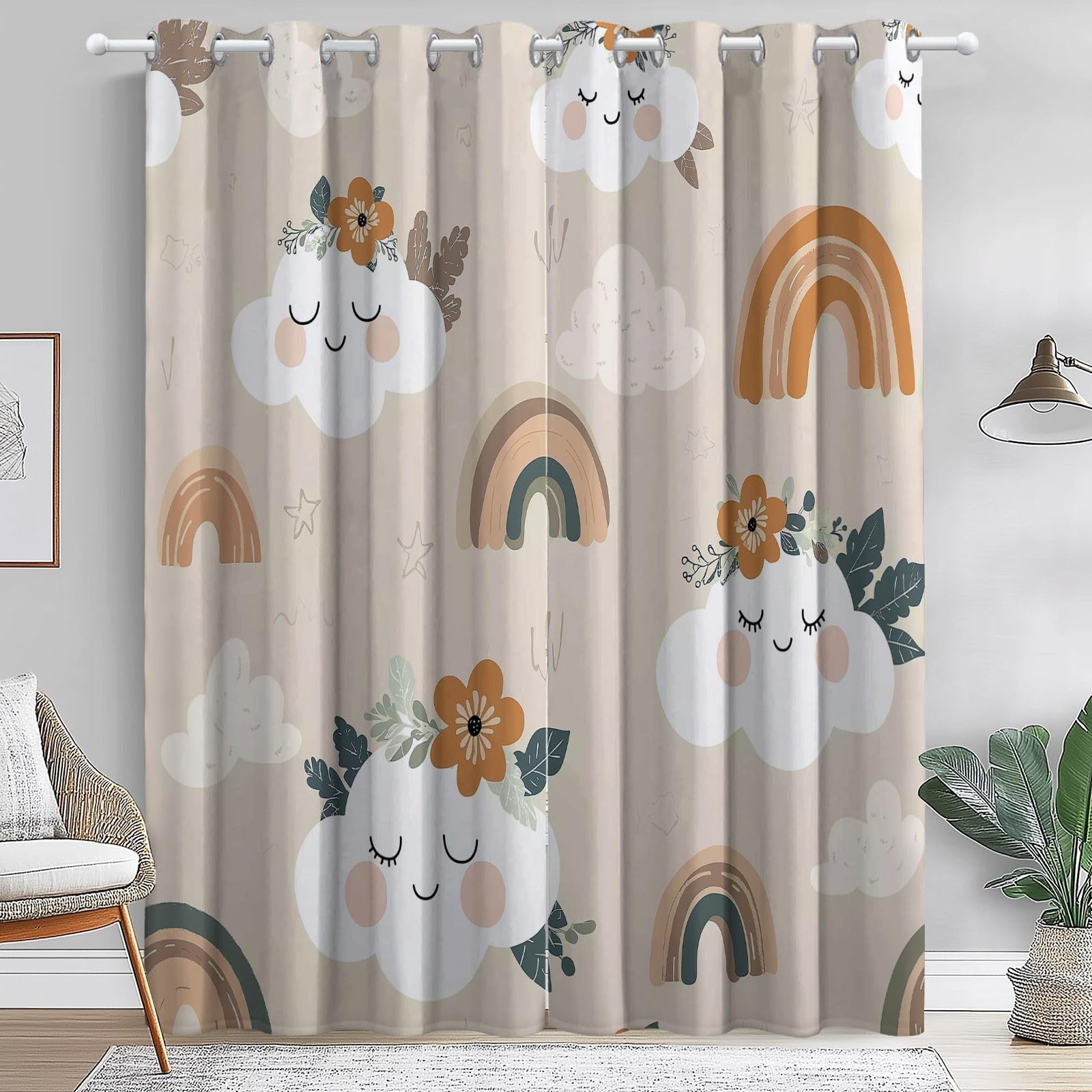 Rideaux Occultants 91.5L X 160H cm (2 Panneaux), Style Imprimé De Jolis Nuages Souriants, Draperies Anti-Chaleur pour Chambre d'enfant, Beige