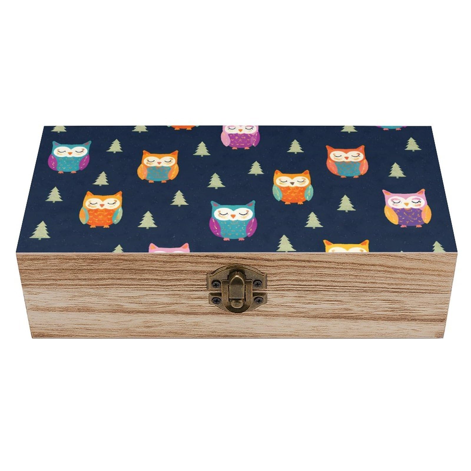 SMAZDFXX Colorful Owl Tree Wooden Storage Box With Hinged Lid Decorative Front Clasp Keepsake Boxes