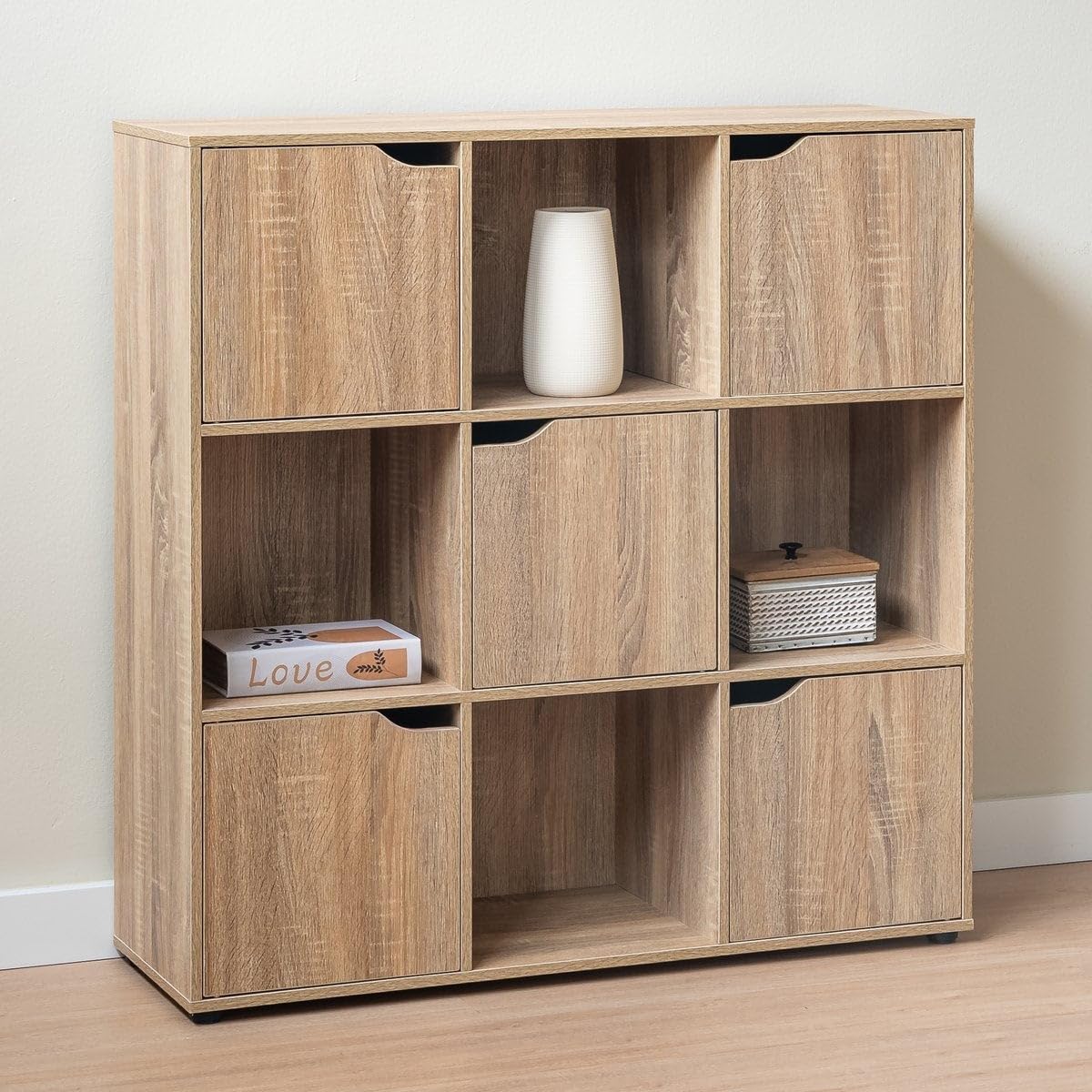 LOLAhome Estantería de Madera, Librería, Estantería Cubo con Puertas y Compartimentos Abiertos, Mueble almacenaje, en Color Natural de 90x29x90 cm para para Estudio,Dormitorio, Salón y Oficina