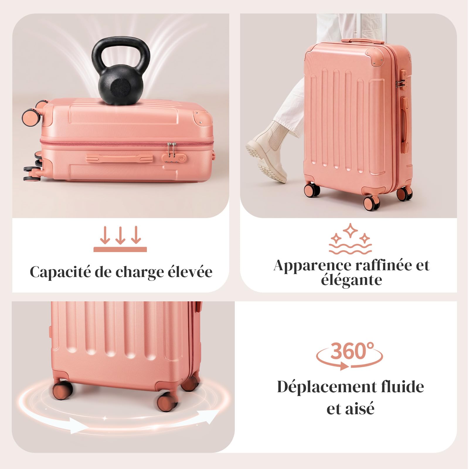 LEADZM Valise Cabine avec Vanity Case, Set de 2 Valises de Voyage avec Renforts d'angle, Set de Bagage pour Voyage en ABS (Or Rose)