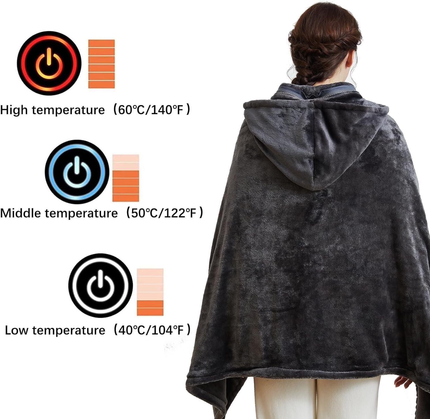Wearable USB Heated Blanket Shawl Hooded, Portable, 3 Gears 7 Heating Zones Cordless Zip Throw for Women, Outdoor, Office, Camping - Image 3
