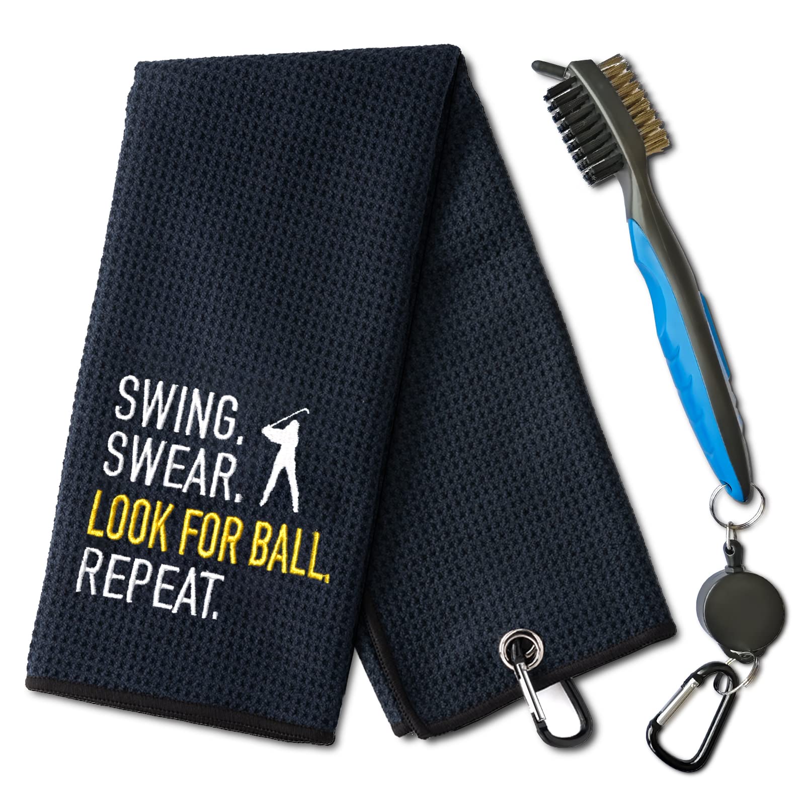 Swing Swear Look for Ball Repeat Funny Golf Towel Set, Embroidered Grey Golf Towels with Clip Cleaning Brush, Golf Gifts for Men Woman, Birthday Gifts for Golf Fan, Retirement Gift