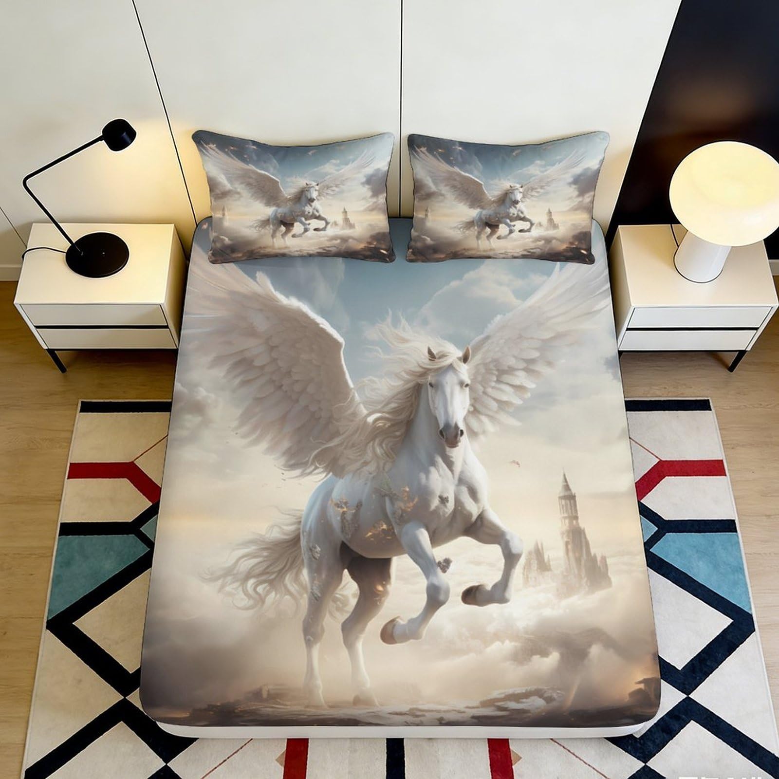 3D Printed Pegasus Fantasy Fitted Sheet Microfiber Soft Breathable Cloud Sky Mattress Cover Bedroom Decor 90x200x25cm