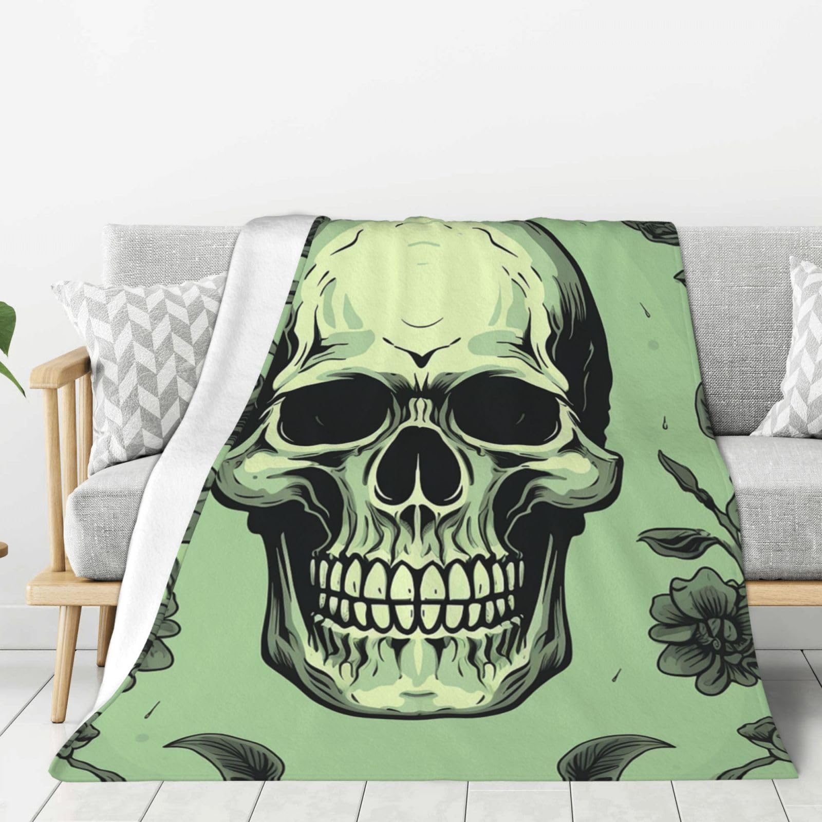 Plaid en flanelle haut de gamme motif tête de mort vert clair de lit