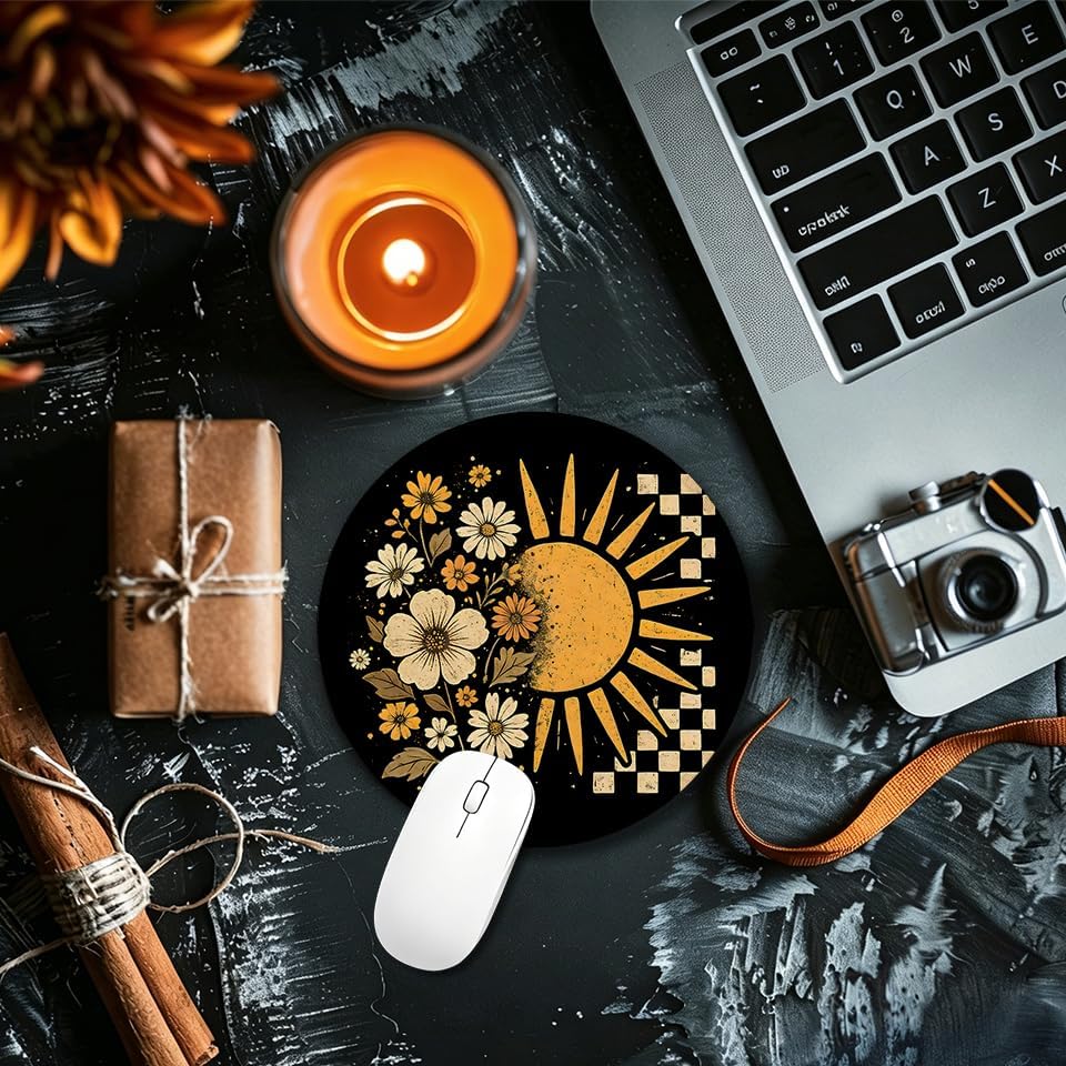 Boho Sun Floral Checkered Round Mouse Pad for Desk 7.9x7.9 in image 3