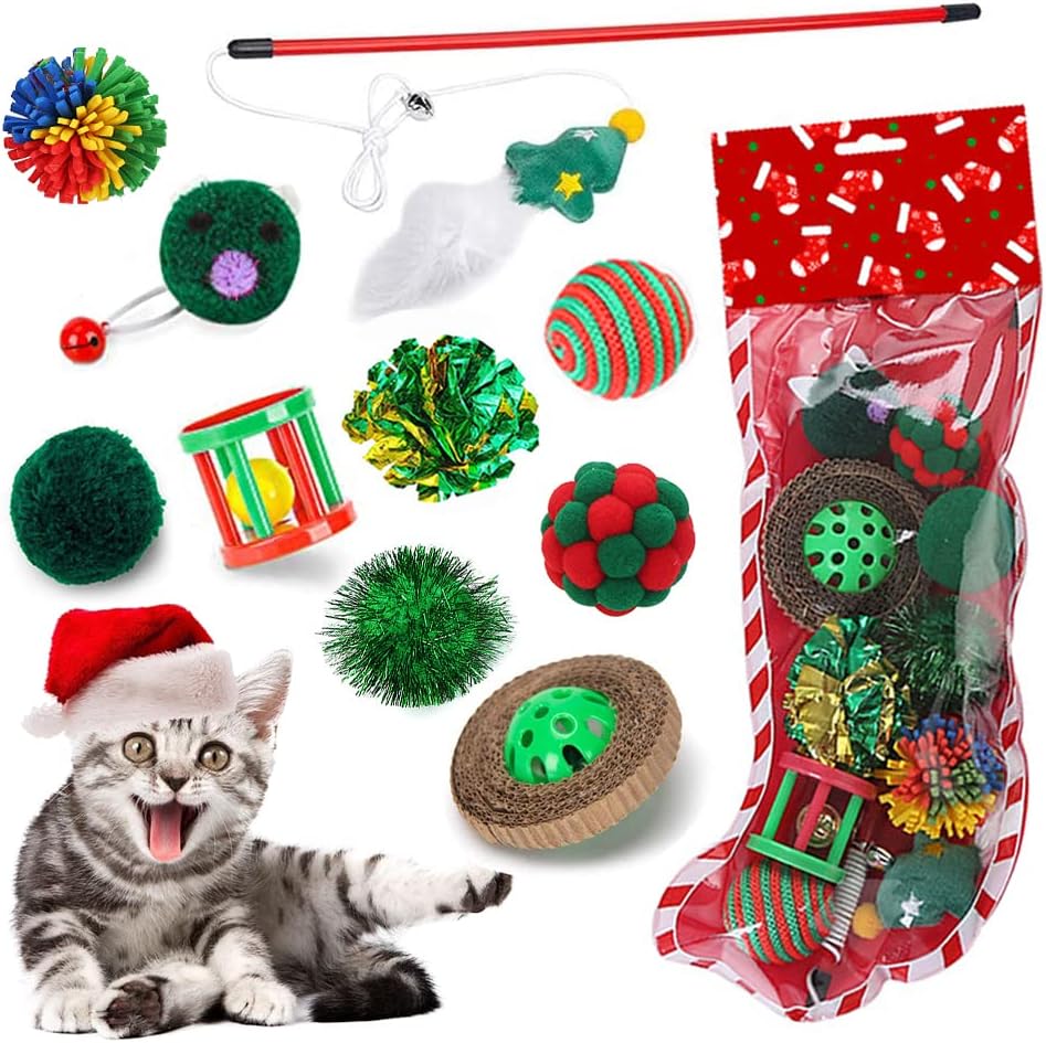 JOBEDE 10Pcs Cat Stocking Toys, Christmas Cat Toy Gift Set Variety Interactive Accessories Included Crinkle Balls Bell Toys Catnip Toys…