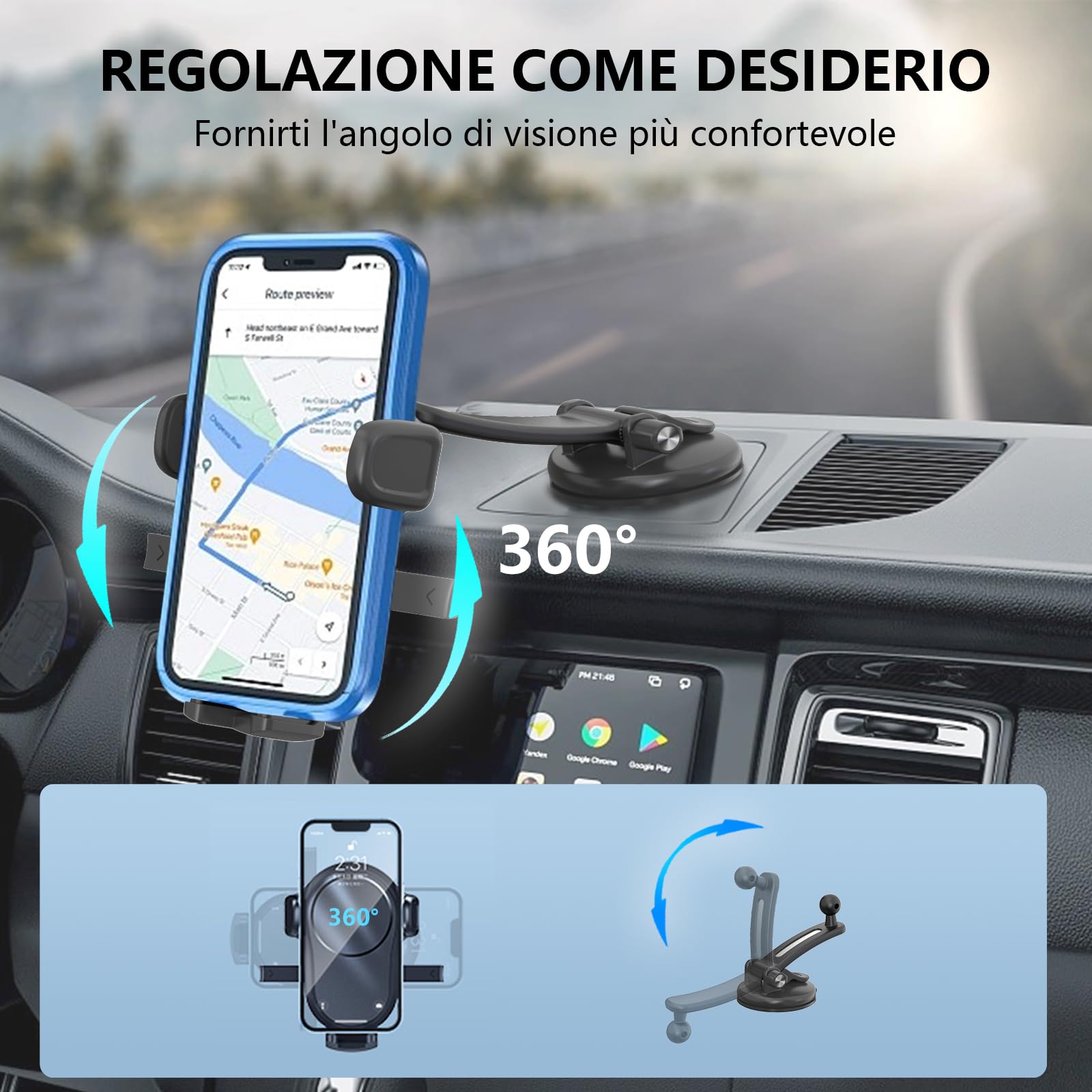 Supporto Telefono Universale Per Auto - Set 3 In 1 (Ventosa, Aria, Cruscotto) - Rotazione 360° Per IPhone E Samsung