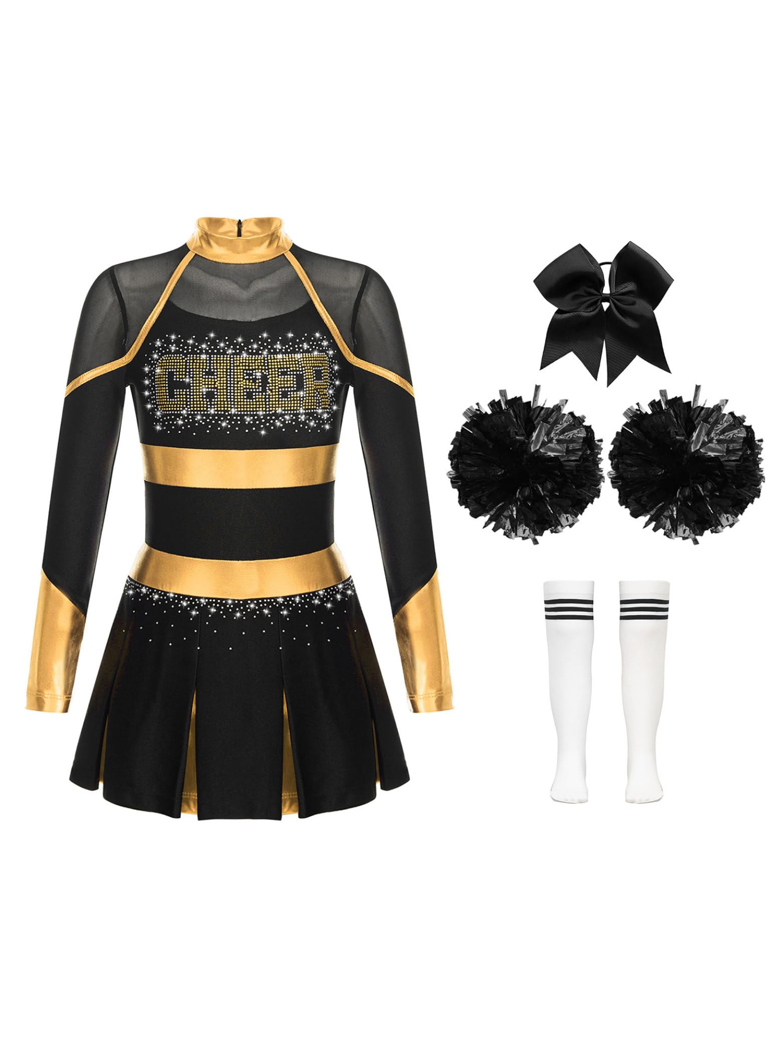 Miaeowve 4 Pcs Girl Cheerleading Uniform Dress Cheer Leader Costume Cosplay Outfits for Kids Halloween Carnival Dress up Gold&White 13-14 Years