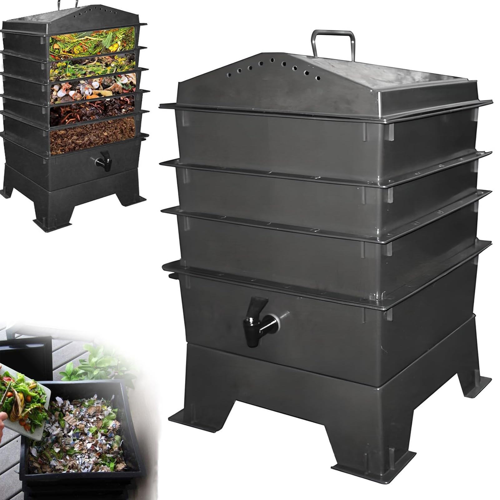 Composteur à vers pour cuisine et jardin : bac de recyclage 4 plateaux pour déchets organiques