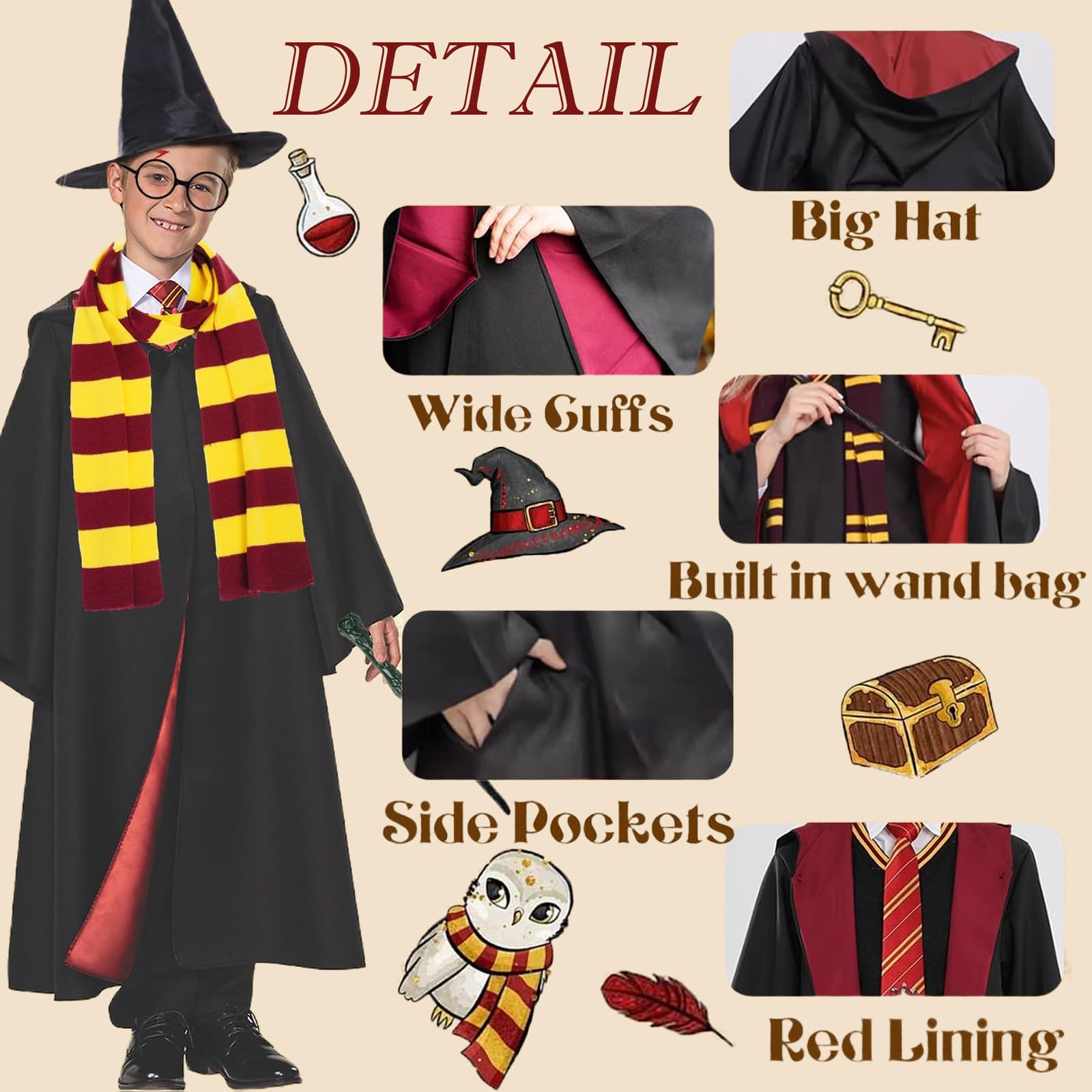 7 PCS Wizard Costume,Halloween Costume,Wizard Accessories Set for Kids Can Participate in Halloween, Fancy Dress - Image 3