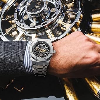FEICE Mens Watch Automatic Skeleton Watch 42mm Case Stainless Steel Mechanical Shock Resistant Waterproof Luminous Sapphire Crystal Analog Watch Business Watch Adjustable Band FM019HOT, Multi, Automatic Watch, Mechanical Skeleton Watch