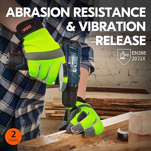 Miniatura 3 de Vgo... 2 pares de guantes de trabajo de seguridad, guantes de mecánico ligeros (talla S, verde, SL7584)