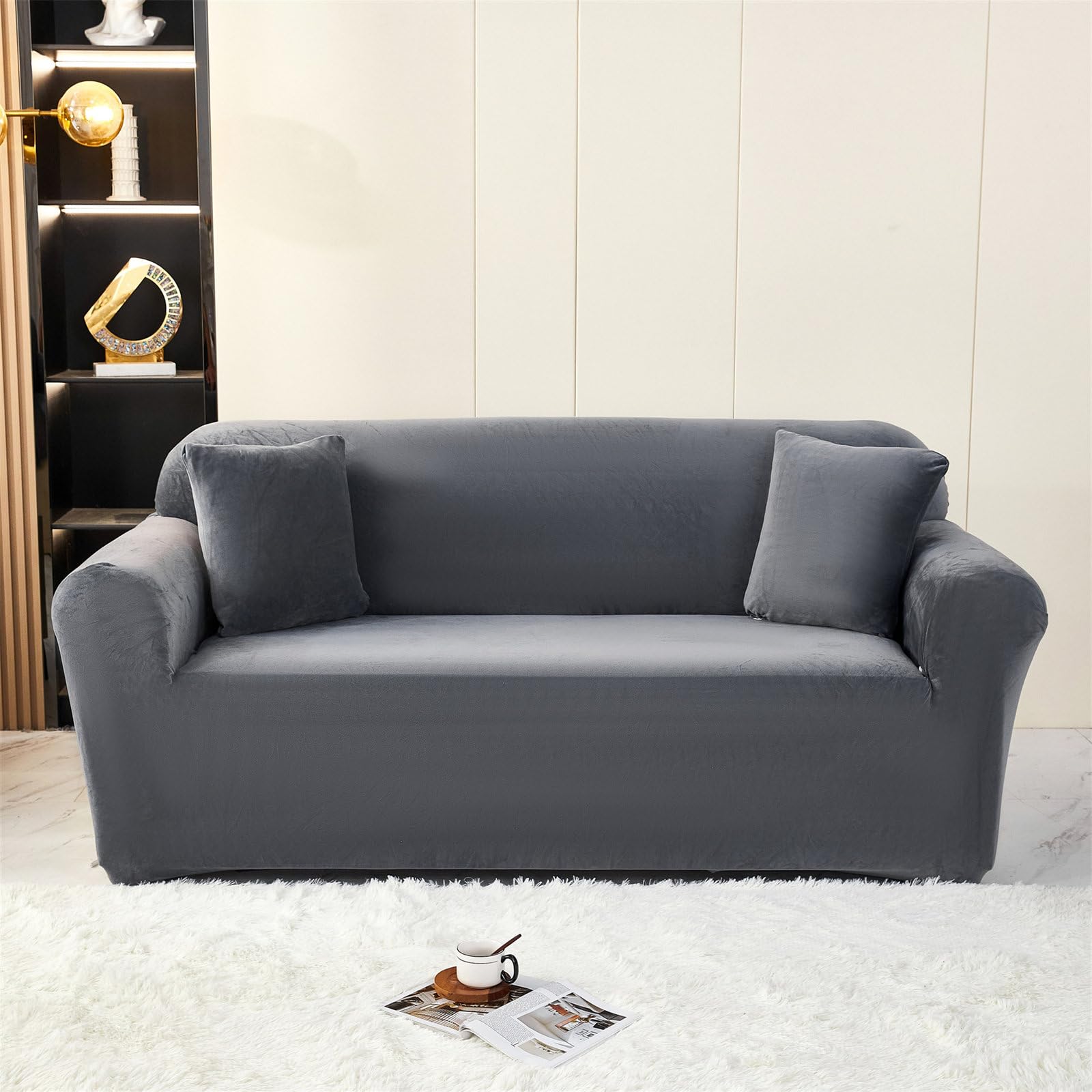 Housse de canapé velours extensible 2 places gris pour salon