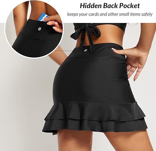 Miniatura 4 de BALEAF Falda de natación de cintura alta ajustable con cordón y volantes para mujer modesto control de abdomen con forro de bolsillo