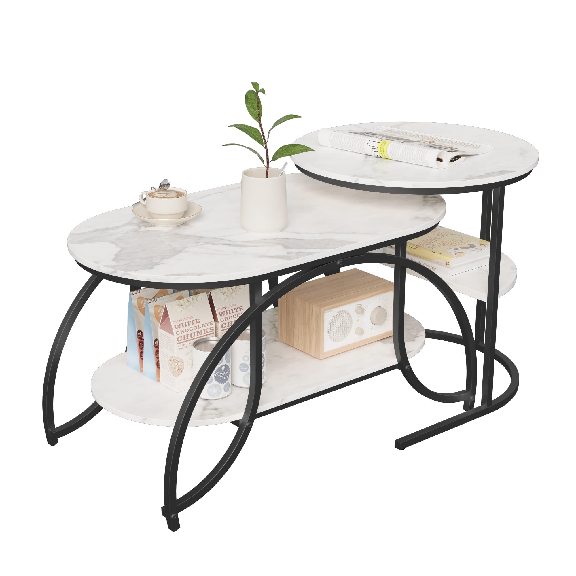 Juego de 2 mesas bajas para salones, mesas de salón separadas, mesa Gigogne de diseño de mármol, con espacio de almacenamiento, efecto de mármol, marco de metal, mesa auxiliar apilable (negro