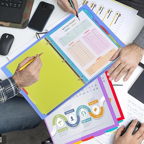 Miniatura 7 de Separadores de plástico de 5 pestañas con un bolsillo frontal, 3 juegos, 15 divisores de bolsillo multicolor para carpetas de 3 anillas, separadores