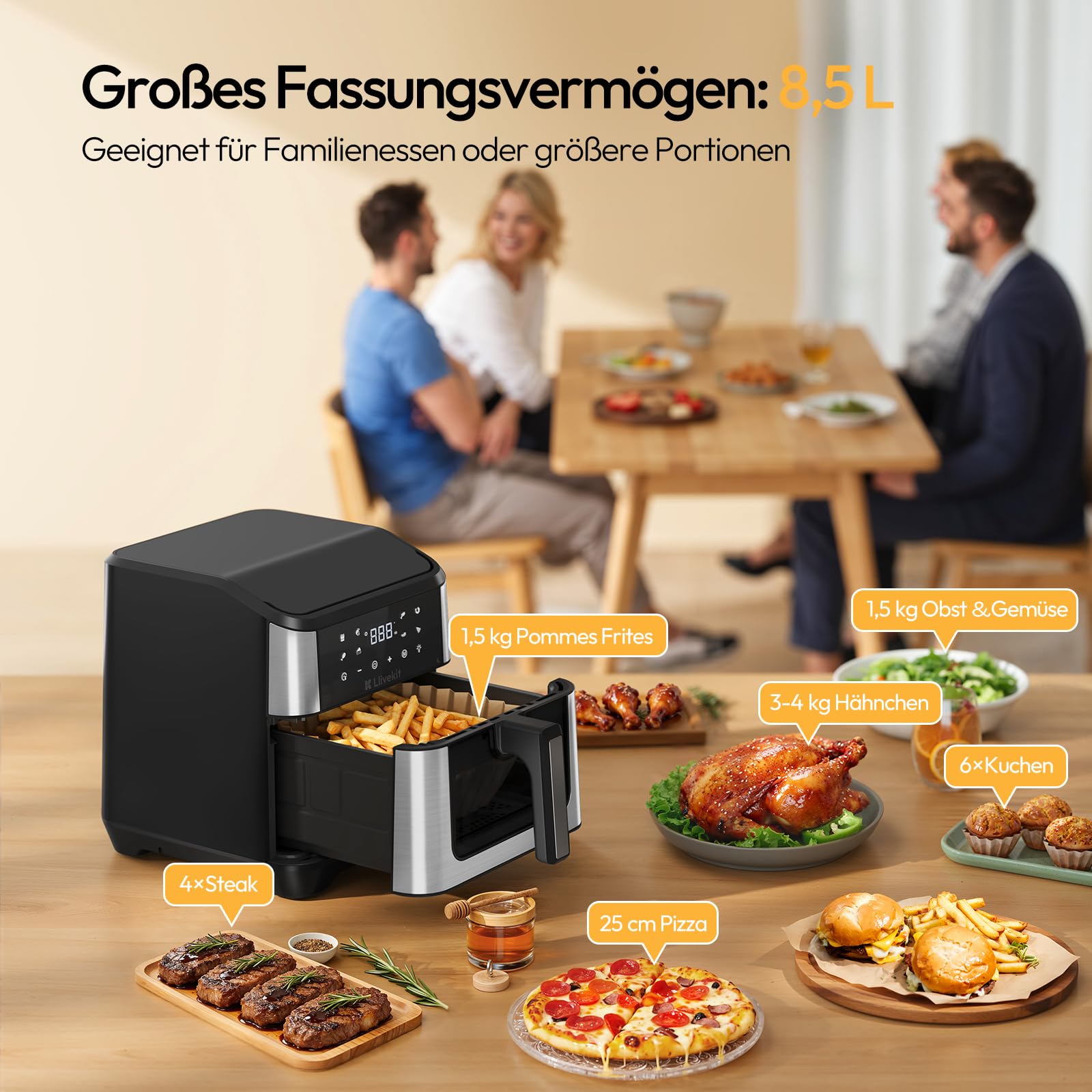 LLIVEKIT 8,5L Dual Blaze Heißluftfritteuse XXL Doppelheizquelle(Oben+Unten) | Airfryer mit 360° Heißluftzirkulation, 95% weniger Fett, Sichtfenster mit Innenbeleuchtung, 8 voreingestellte Programme