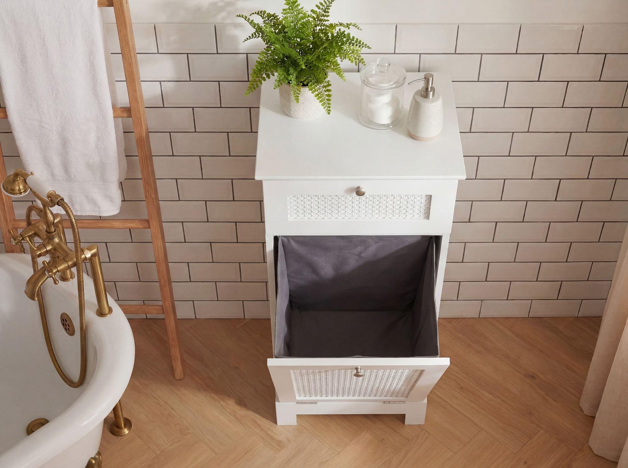 FineBuy Szafka na pranie Biała 38x90x40 cm Rattan Plecionka Szafka wnękowa Łazienka - Wąski kosz na pranie z drzwiami uchylnymi i szufladą - Szafka łazienkowa Pojemnik na pranie