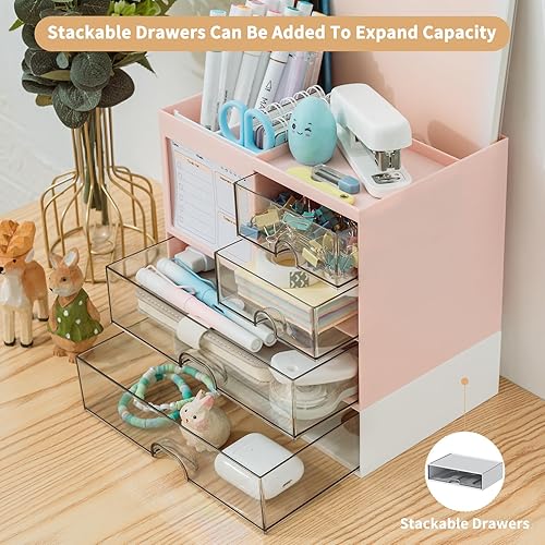 Miniatura 4 de Organizador de escritorio multifuncional con 3 cajones y 8 compartimentos, color rosa