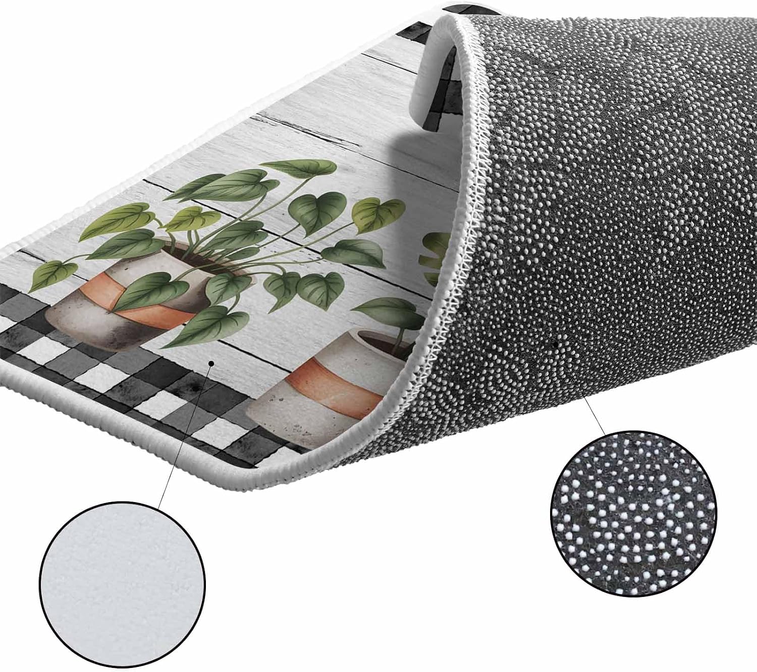 Spring Kitchen Rugs and Mats Set of 2, Non-Slip Kitchen Sink Mat, Farmhouse Pots Plant Leaves Wood Plank Black Plaid Washable Doormat Bathroom Rugs Runner for Bedroom/Living Room 19.7"x31.5"+19.7"x63"