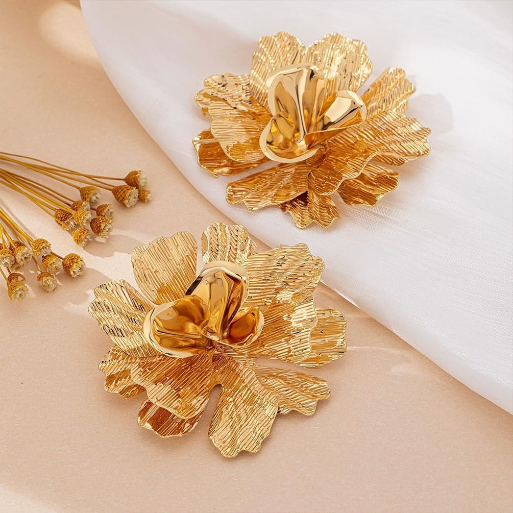 Large Chunky Gold Textured Flower Stud Earrings for Women, Trendy Punk Big Blooming Floral Earring Unique Party Vacation Costume Jewelry Accessories - Image 5
