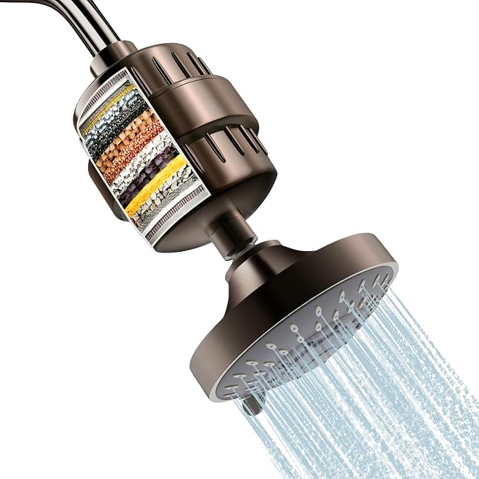 FEELSO Shower Head and 15 Stage Shower Filter Combo, High Pressure 5 Spray Settings Filtered Showerhead with Water Softener Filter Cartridge for Hard Water Remove Chlorine and Harmful Substances