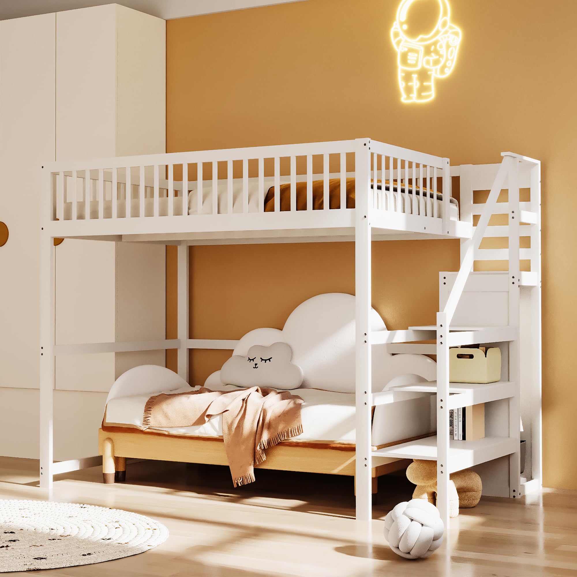 Kinderbett 140x200cm, Kinderbetten mit Aufbewahrungsregal, Hochbett mit Treppe, Hauskinderbett, Kinderbetten aus Holz, Weiß