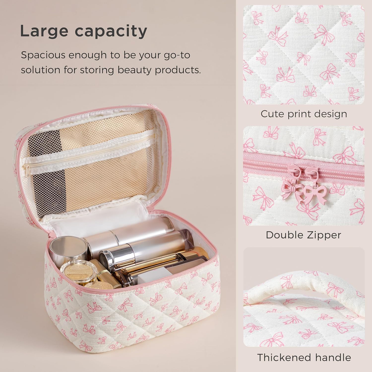 HBselect Quilted Makeup Bag, 3Pcs Cotton Large Travel Makeup Bags Organizer image 3