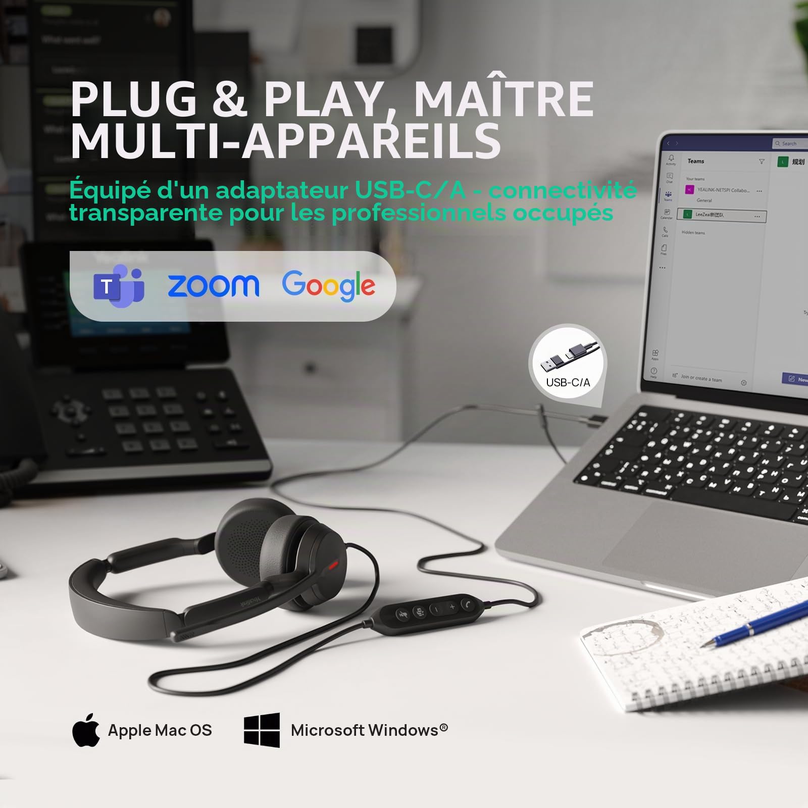 Yealink Casque Filaire UH44 pour PC avec Double Microphone et réduction de Bruit, Adaptateur USB-C/A, Compatible avec Les Ordinateurs, Les centres d'appels et Les Bureaux. Certifié Busylight Teams