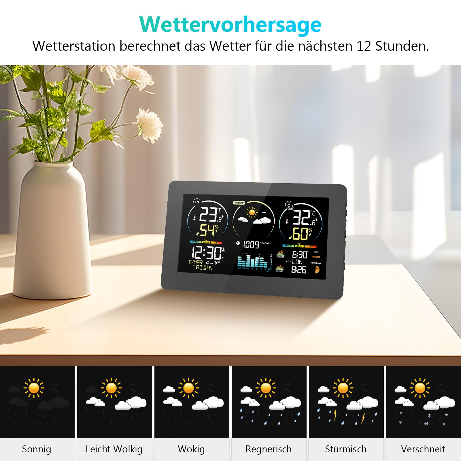 Wetterstation Funk mit Außensensor, 7,8 Zoll Großes Farbdisplay mit Beleuchtung & DCF Funkuhr, Wettervorhersage, Innen- & Außentemperatur, Luftfeuchtigkeit, Luftdruck, Mondphase (Schwarz1)