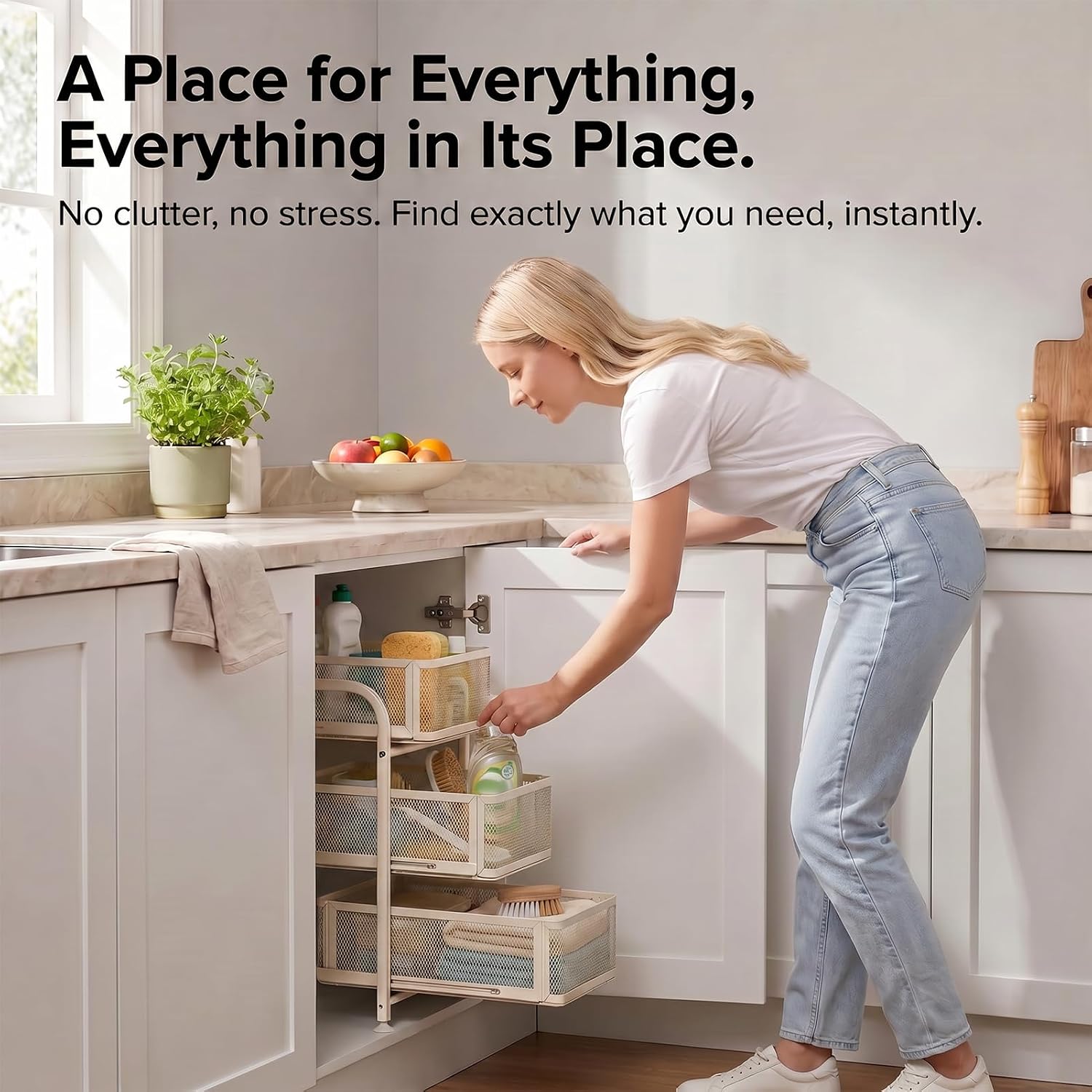 PureBox 3 Tier Under Sink Organizer, Pull Out Cabinet Storage Organizer with Sliding Mesh Drawers, Heavy Duty Metal Under Sink Storage for Kitchen, Bathroom, Cabinet, Small Space, White, 1 Pack